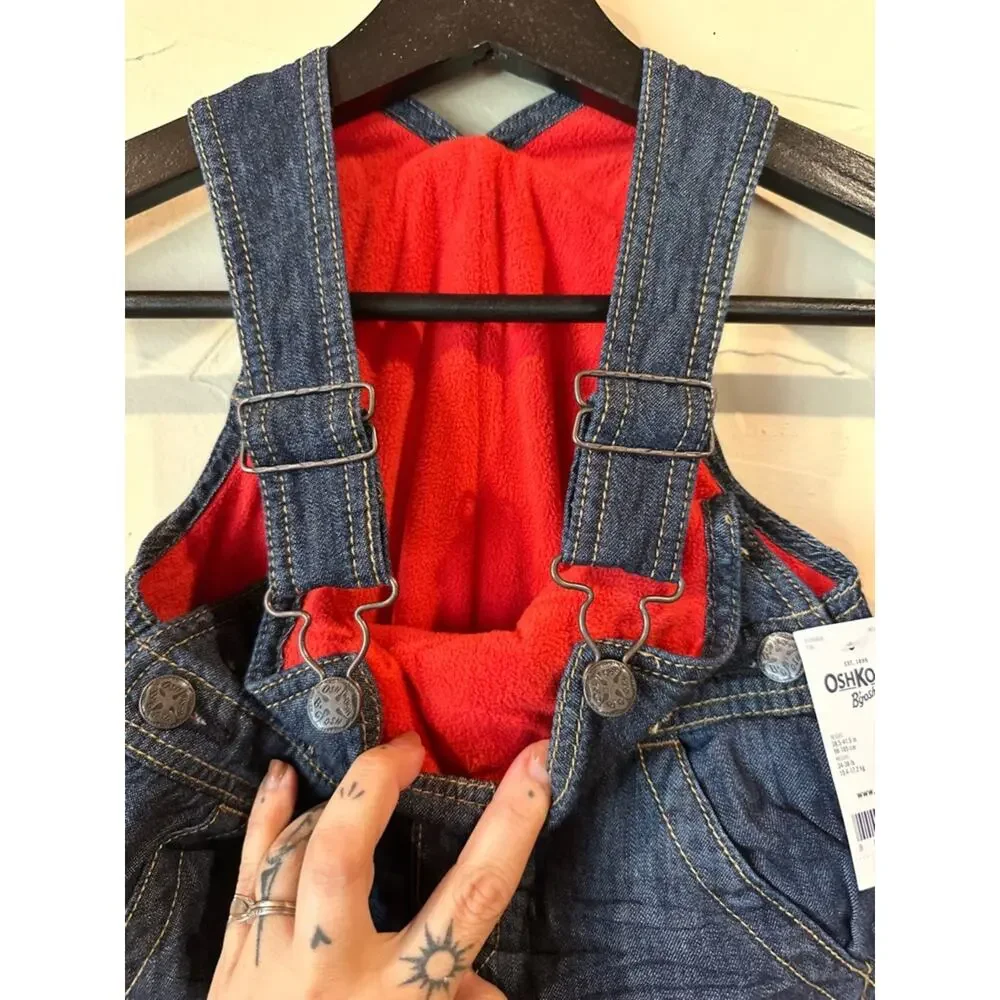 OshKosh B'gosh Dark Blue Denim Overalls with Red fleece Lining